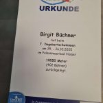 Urkunde für Birgit Büchner über die Teilnahme am Dagobertsschwimmen mit 10050 Metern im Felsenmeerbad Hemer.