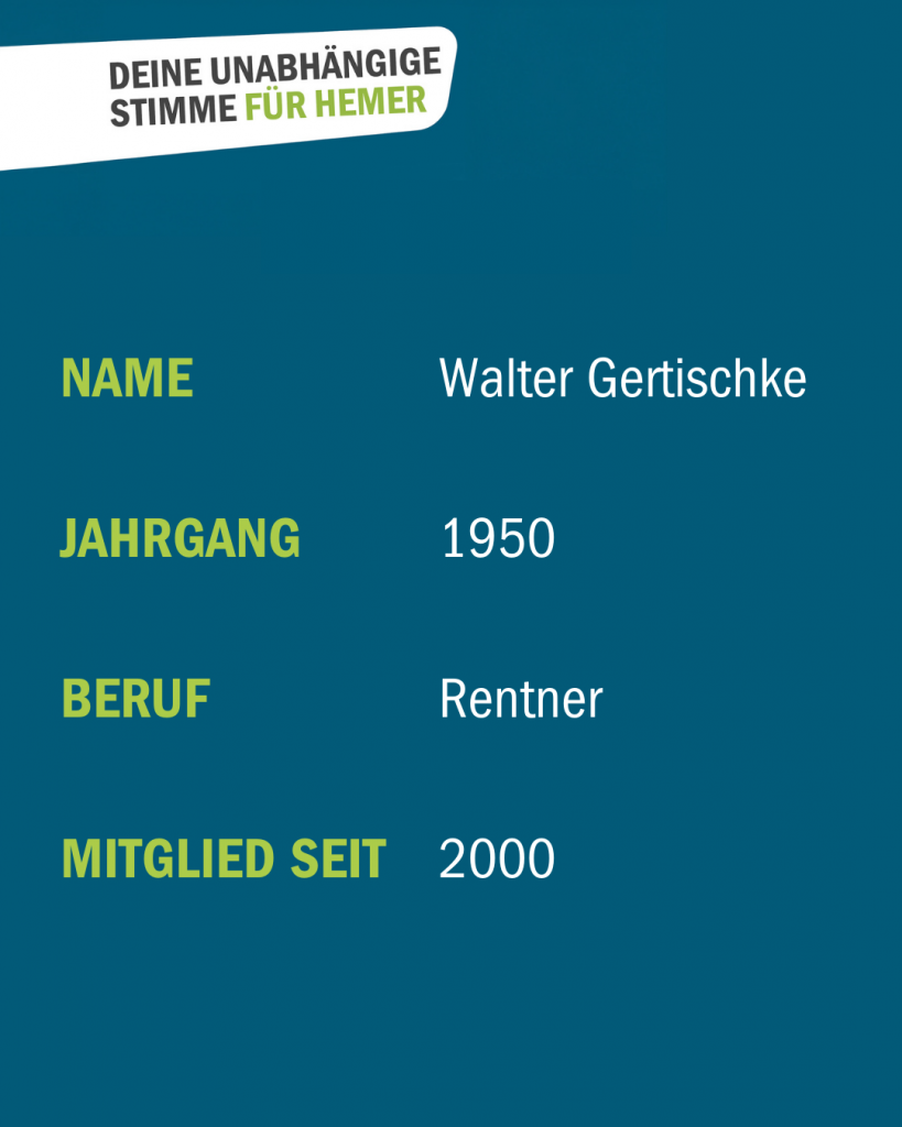 Informationstafel mit Details zu Walter Gertschke, Jahrgang 1950, Beruf Rentner, Mitglied seit 2000.