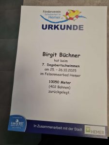 Urkunde für Birgit Büchner über die Teilnahme am Dagobertsschwimmen mit 10050 Metern im Felsenmeerbad Hemer.