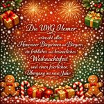 Festliche Weihnachtskarte mit Geschenken, Lebkuchen und Schneeflocken im Hintergrund.