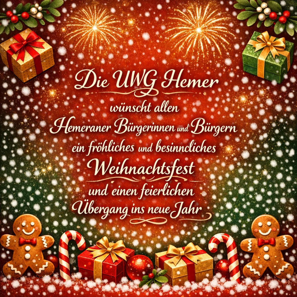 Festliche Weihnachtskarte mit Geschenken, Lebkuchen und Schneeflocken im Hintergrund.