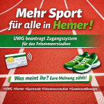 Grafik mit dem Text 'Mehr Sport für alle in Hemer!' und einem Antrag für ein Zugangssystem.
