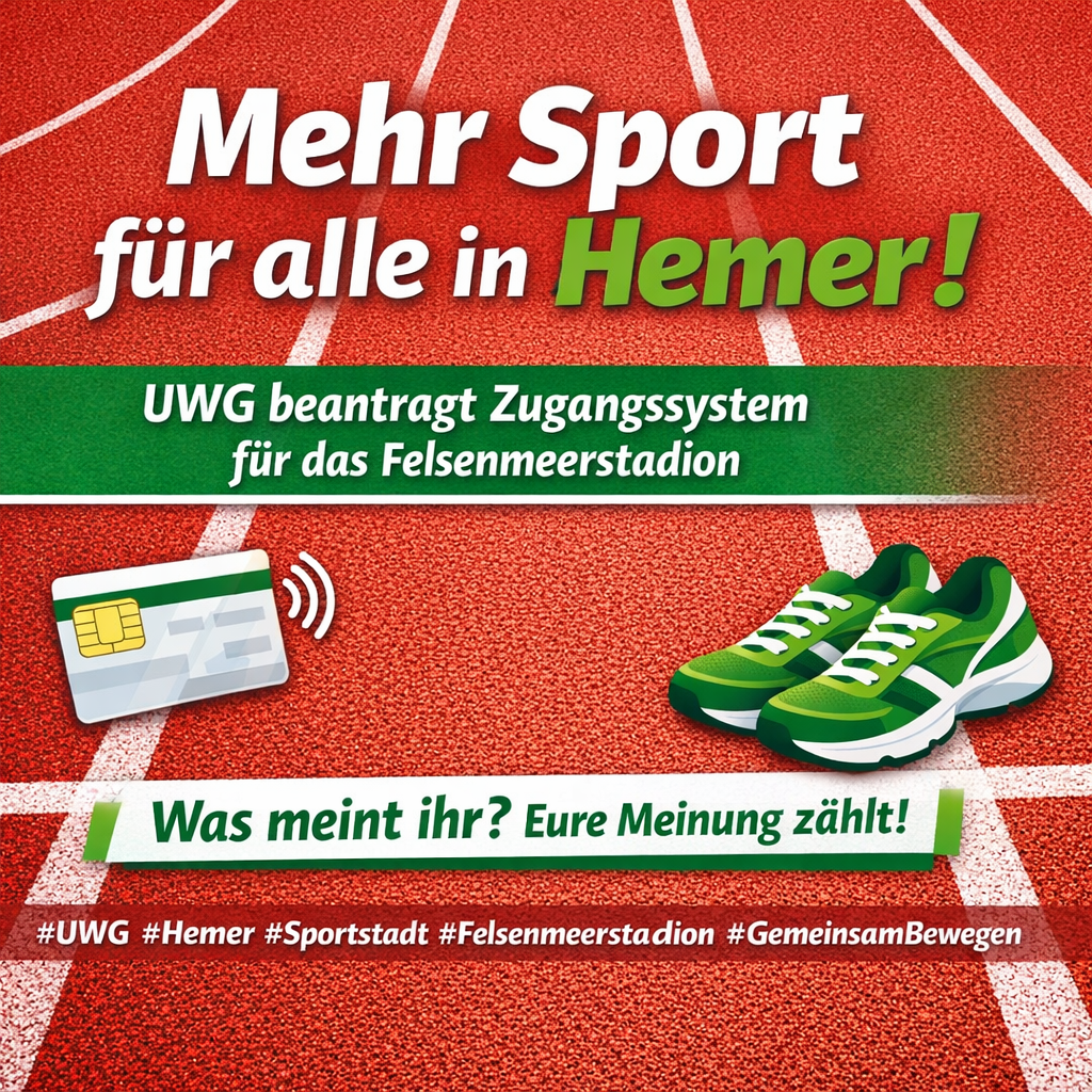 Grafik mit dem Text 'Mehr Sport für alle in Hemer!' und einem Antrag für ein Zugangssystem.