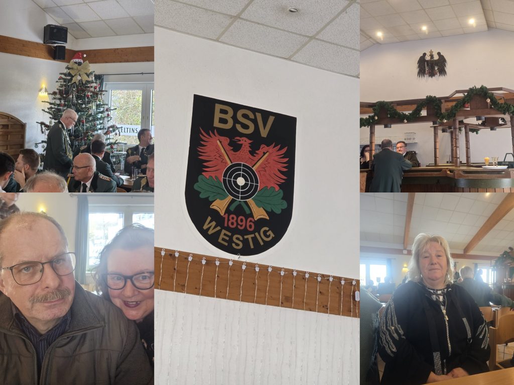 Wappen des BSV Westig 1896 und Teilnehmer einer Veranstaltung in einem Raum mit Weihnachtsbaum.