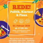 Plakat für eine Veranstaltung mit dem Titel 'REDE! Politik, Klartext & Pizza' am 02. Februar 2026 in Hemer.