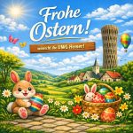Zum Osterfest sendet die UWG Hemer einen fröhlichen Gruß mit Hase, bunten Eiern, Blumenwiese und dem Schriftzug "Frohe Ostern!".