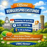 Im Rathaus Hemer lädt die UWG Hemer zur offenen Bürgersprechstunde am Donnerstag, 28. April 2026, von 16:00 bis 17:00 Uhr ein.