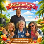 Bei der Mallorca-Party im Mettgenpin feiern drei Frauen mit einem Gastgeber vor Strandkulisse und dem Spruch Gemeinsam gefeiert bei bester Stimmung!