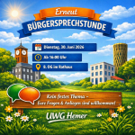 Mit dem Hinweis „Erneut Bürgersprechstunde“ stehen Datum, Uhrzeit und Ort in Hemer im Mittelpunkt, ergänzt um „Kein festes Thema“.